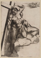 KG 00016
<br/>
Staand mannelijk naakt, houten kruis dragend
<br/>
<em>Bonasone, Giulio (ca.1500-ca.1580)</em>